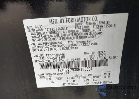 2011 Ford Taurus Sel z USA, uszkodzony, nr VIN 1FAHP2EW3BG185507
